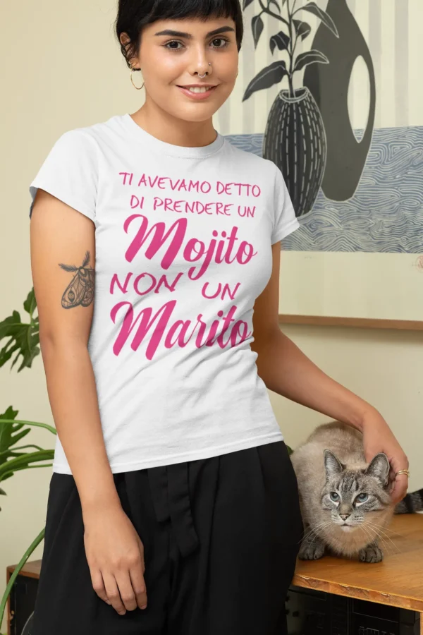 AN0002 Addio al nubilato img 3 bianco Maglietta Addio al Nubilato : Ti avevamo detto di prendere un Mojito non un Marito.