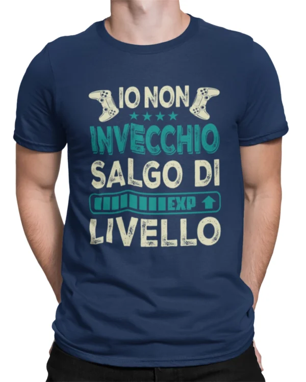 Maglietta gamer blu navy Io non invecchio salgo di livello